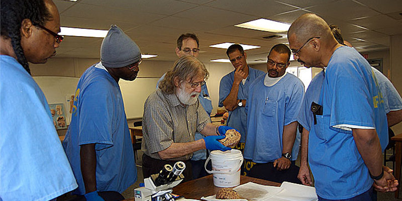 Charles Gross, a neuroscience professor at Princeton University, looks at a sheep brain with students at San Quentin as part of an Introduction to Biology class at the prison.